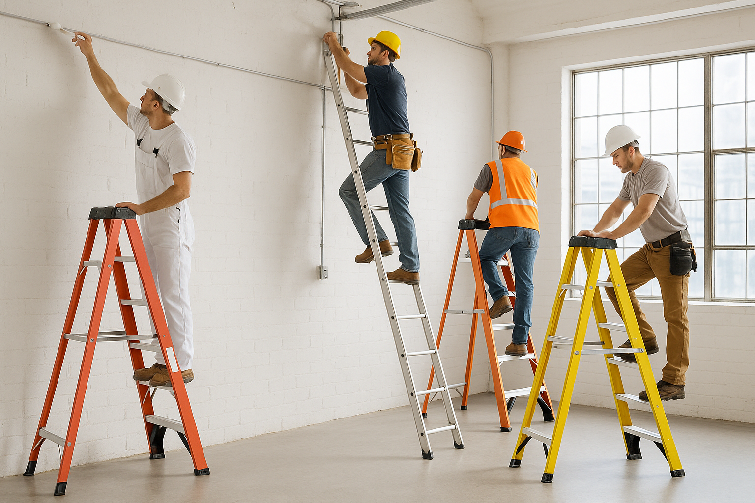 Erstelle mir ein schönes Bild mit Leitern. Es sollte ansprechend sein mit Personen und Handwerker auch darauf